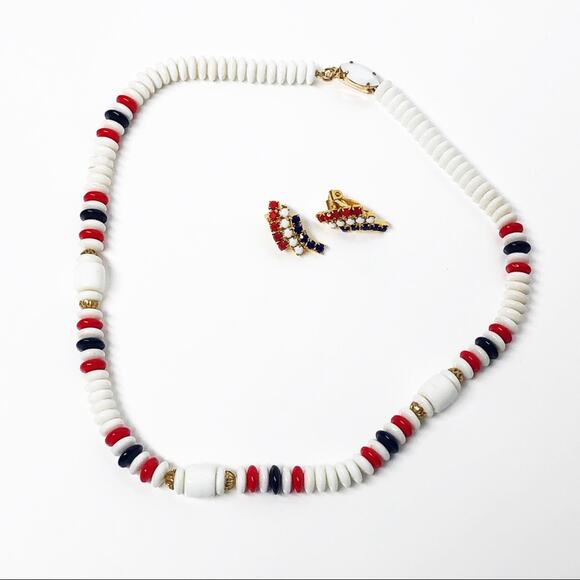 Vintage Red, White & Blue Beaded Necklace & Earrings Set - Picture 1 of 7